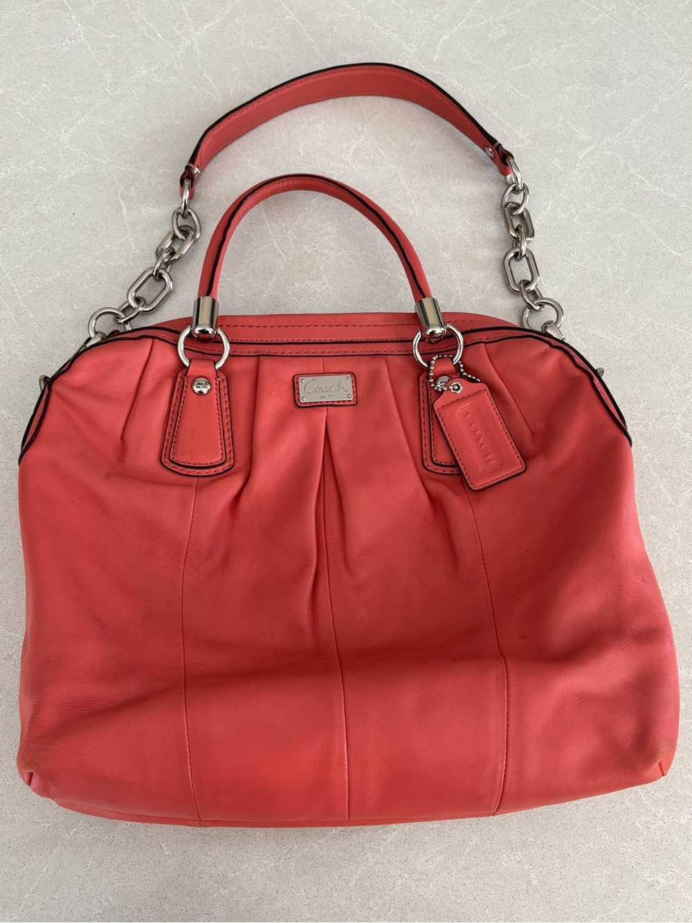 Coach Kristin Pink Coral Leather Satchel Top Handle Shoulder Bag F15329 Chain